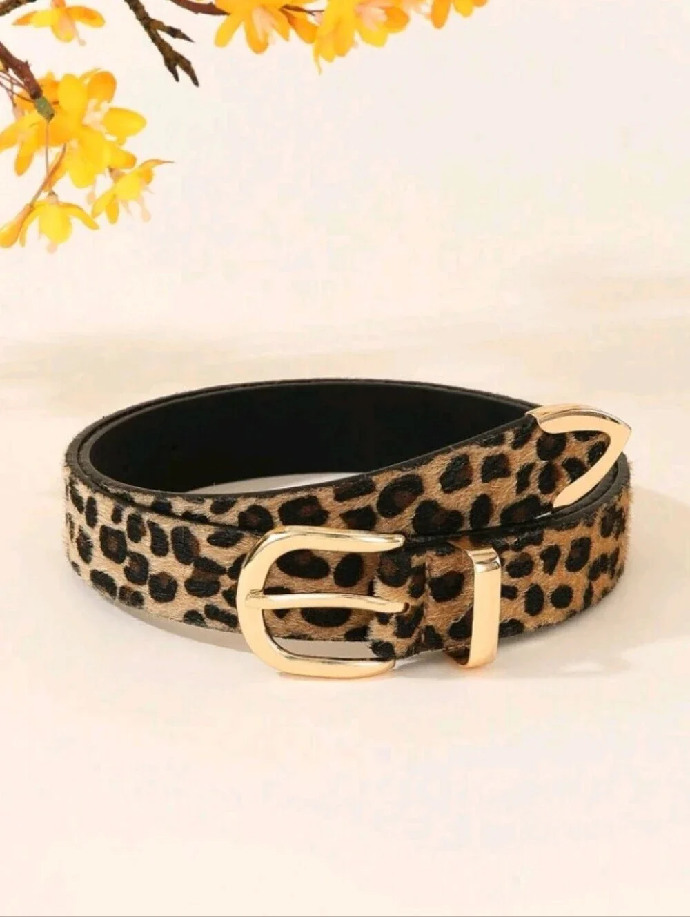 Leopard Print Faux Fur Vegan Leather Belt with Golden Buckle